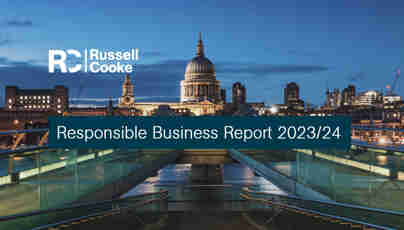 St Paul's Cathedral from the London Millennium Footbridge in the evening, with the Russell-Cooke Russell Cooke Responsible Business Report 2023 graphics overlaid