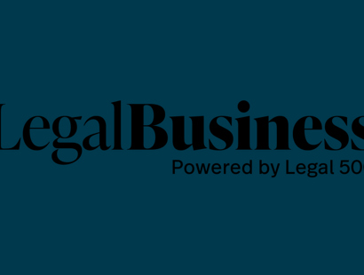Black writing on a teal background which says 'Legal Business powered by Legal 500'.  Legal Business logo 