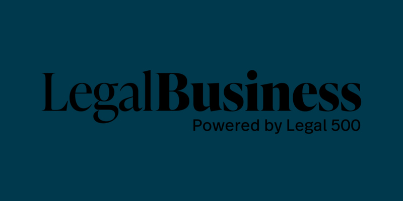 Black writing on a teal background which says 'Legal Business powered by Legal 500'. Legal Business logo