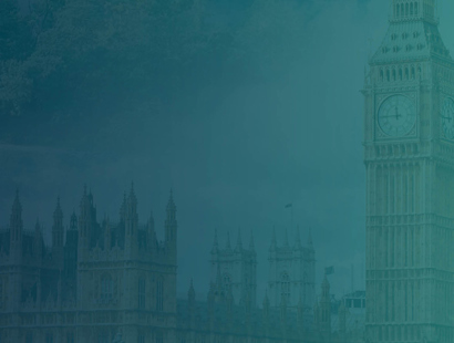 The picture shows Big Ben in Westminster, London with a teal/turquoise gradient overlay. Helping international nonprofits in the UK