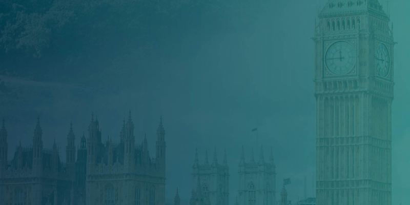 The picture shows Big Ben in Westminster, London with a teal/turquoise gradient overlay. Helping international nonprofits in the UK