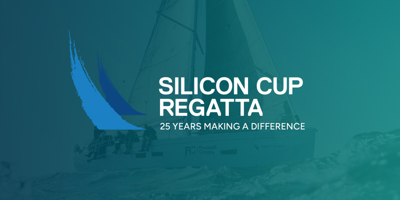 The Russell-Cooke Silicon Cup Regatta on a teal and green colour washed image of a sailing boat on water. 