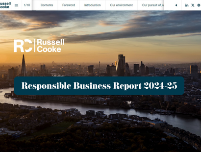 River Thames and City of London Skyline photograph, with the Russell Cooke Responsible Business Report 2024/5 graphics overlaid