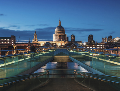 St Paul's Cathedral from the London Millennium Footbridge in the evening. Russell-Cooke