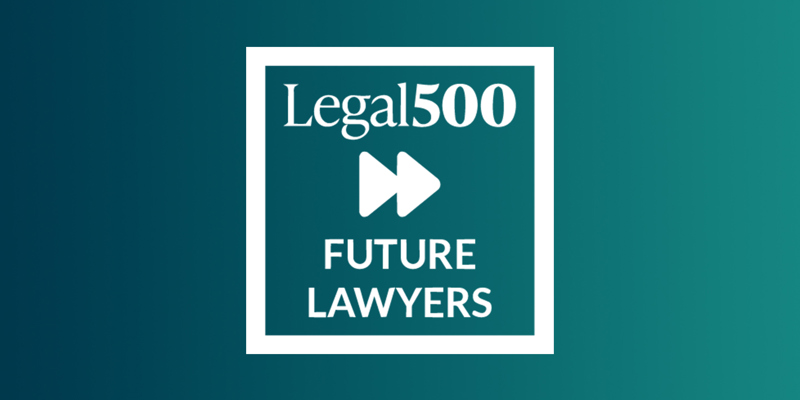 The image shows the Legal 500 FUTURE LAWYERS logo in white on a teal to turquoise gradient background which are the brand colours of law firm Russell-Cooke