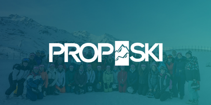 The image shows a photo of PropSki attendees in the mountains with a white logo overlay a gradient.  