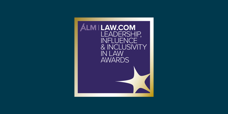 Leadership, Influence & Inclusivity in Law Awards ALM Awards logo on a teal background.