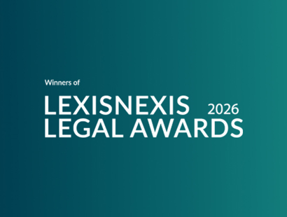 The image shows the LexisNexis Legal Awards 2026 winners logo in white overlay a teal to turquoise gradient which are the brand colours of law firm Russell-Cooke