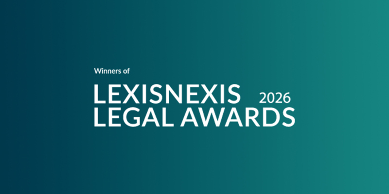 The image shows the LexisNexis Legal Awards 2026 winners logo in white overlay a teal to turquoise gradient which are the brand colours of law firm Russell-Cooke