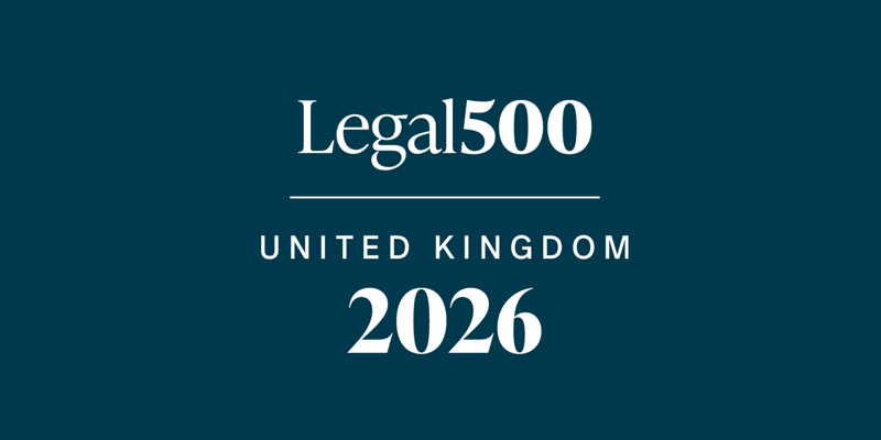 A white Legal 500 United Kingdom 2026 logo on a teal background colour. 