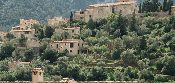 Ariel view of Spanish countryside houses 