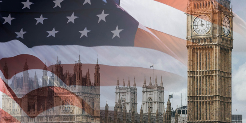 USA flag faded onto the British Houses of Parliament in London