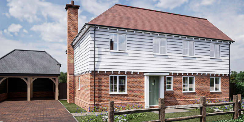 A detatched newbuild property in rural England. White pannelling on the facade of the home, wrapping around the upstairs. A double car port to the left. Green front door and well kept lawn. Pre-commencement conditions–risks and reminders