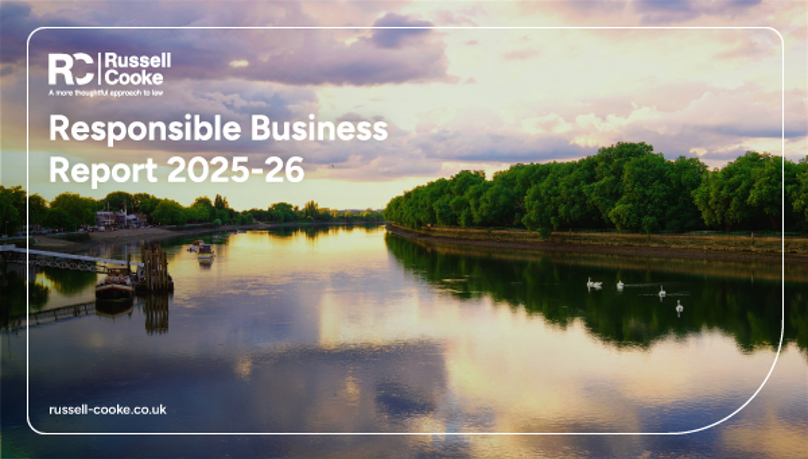 Russell-Cooke, Responsible Business Report 2025-26, brochure cover. Kingston upon Thames river view.
