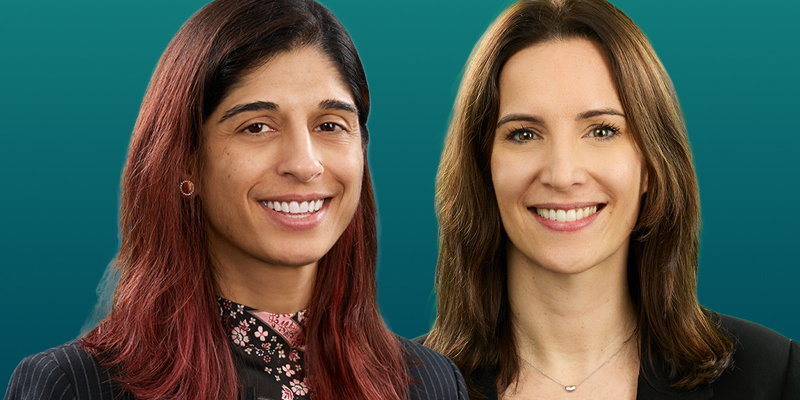 The image shows two females; one with red hair, the other with brown hair. They are overlay a gradient teal/green background.