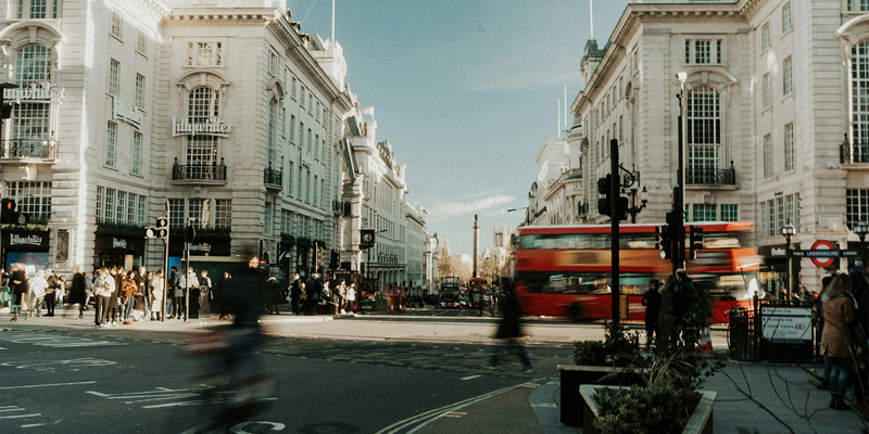 London's Oxford Street with moving traffic, London bus and people. M&S Oxford Street redevelopment update