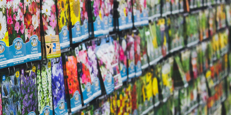 The picture shows a wall of colourful seed packets at a garden centre or nursery. 