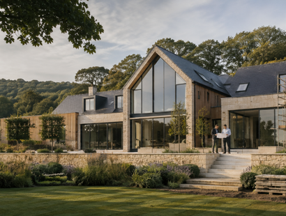 Contemporary high-value residential home with landscaped gardens and countryside views. 