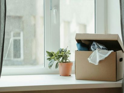 A windowsill with a potted plant and an open cardboard box containing folded fabric, set against a blurred glass window.