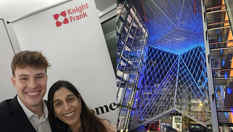 The picture shows trainee lawyer Joseph Newton with enfranchisement lawyer Shabnam Ali-Khan posing for a photograph by the Knight Frank pull-up banner. The second half of the phot shows a contemporary building. 