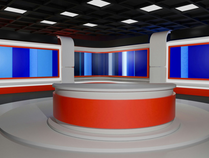 an empty news boradcasting studio with a newsdesk and a blue screen behind. Russell-Cooke advises on CNBC’s new lease at 10 Fleet Place in central London