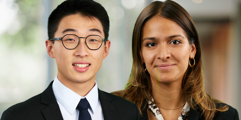 The image shows a young male in a suit and a young female in a blazer and blouse. 