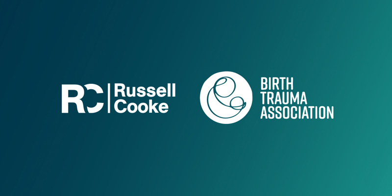 Russell-Cooke logo in white and the Birth Trauma Association logo in white on a teal-green background gradient of Russell-Cooke brand colours. 