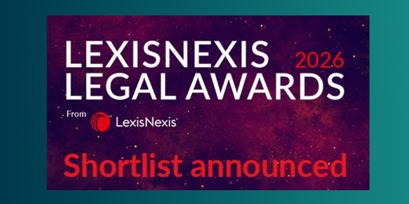 The image shows a purple and red graphic saying 'LexisNexis Legal Awards 2026' shortlist announced'. 